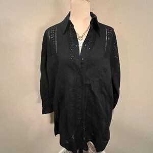 Zara Black Button-Up Tunic with Eyelet Details, size S